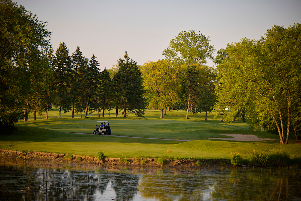 Golf cart drives along the water's edge at dusk.